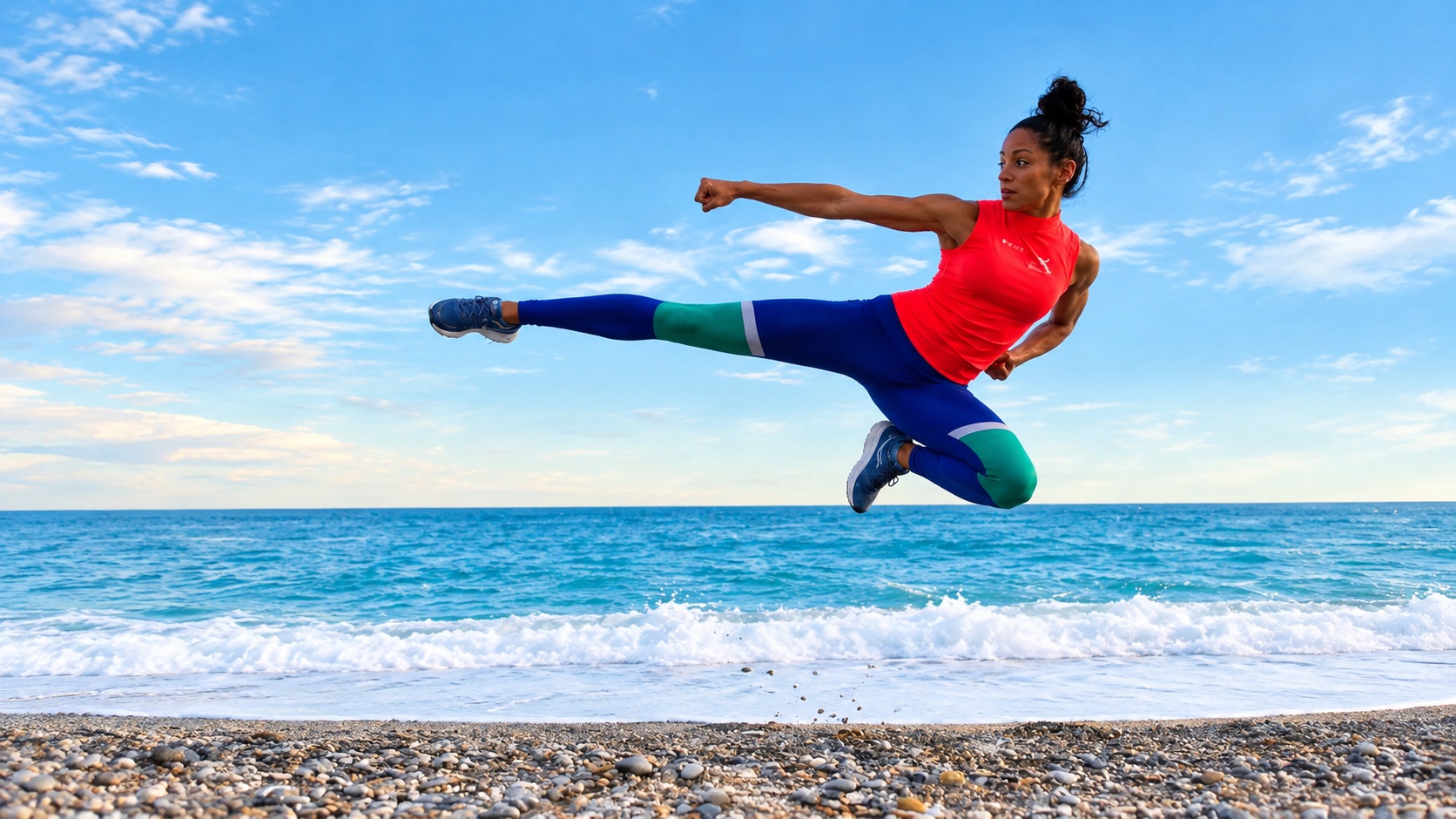 Zohra, coach sportif, en plein mouvement sur la plage